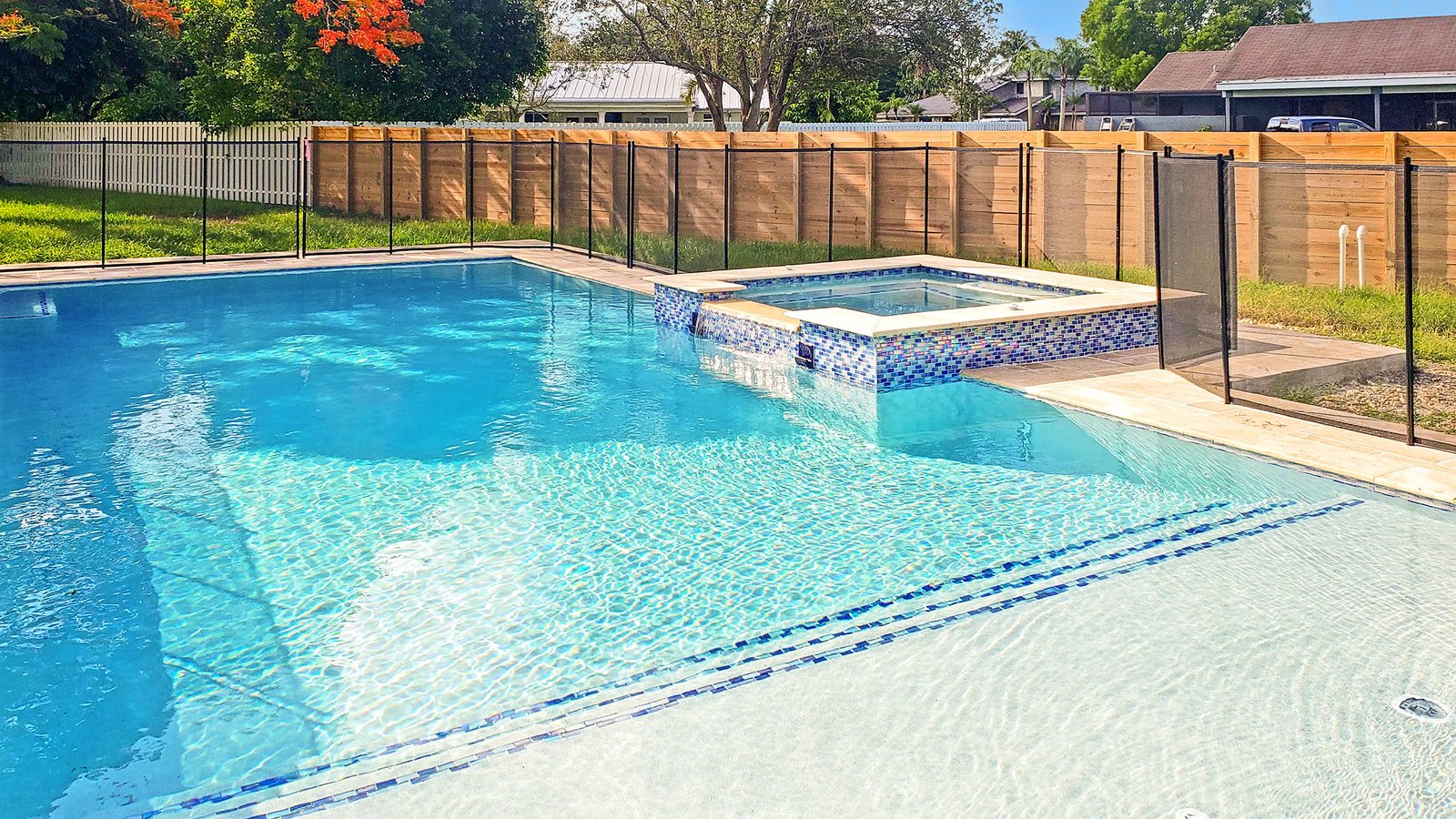 Modern rectangle pool with sun shelf