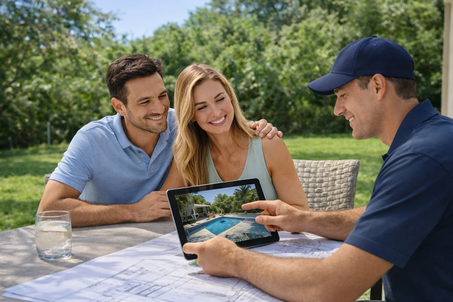 Homeowners reviewing pool plans with builder